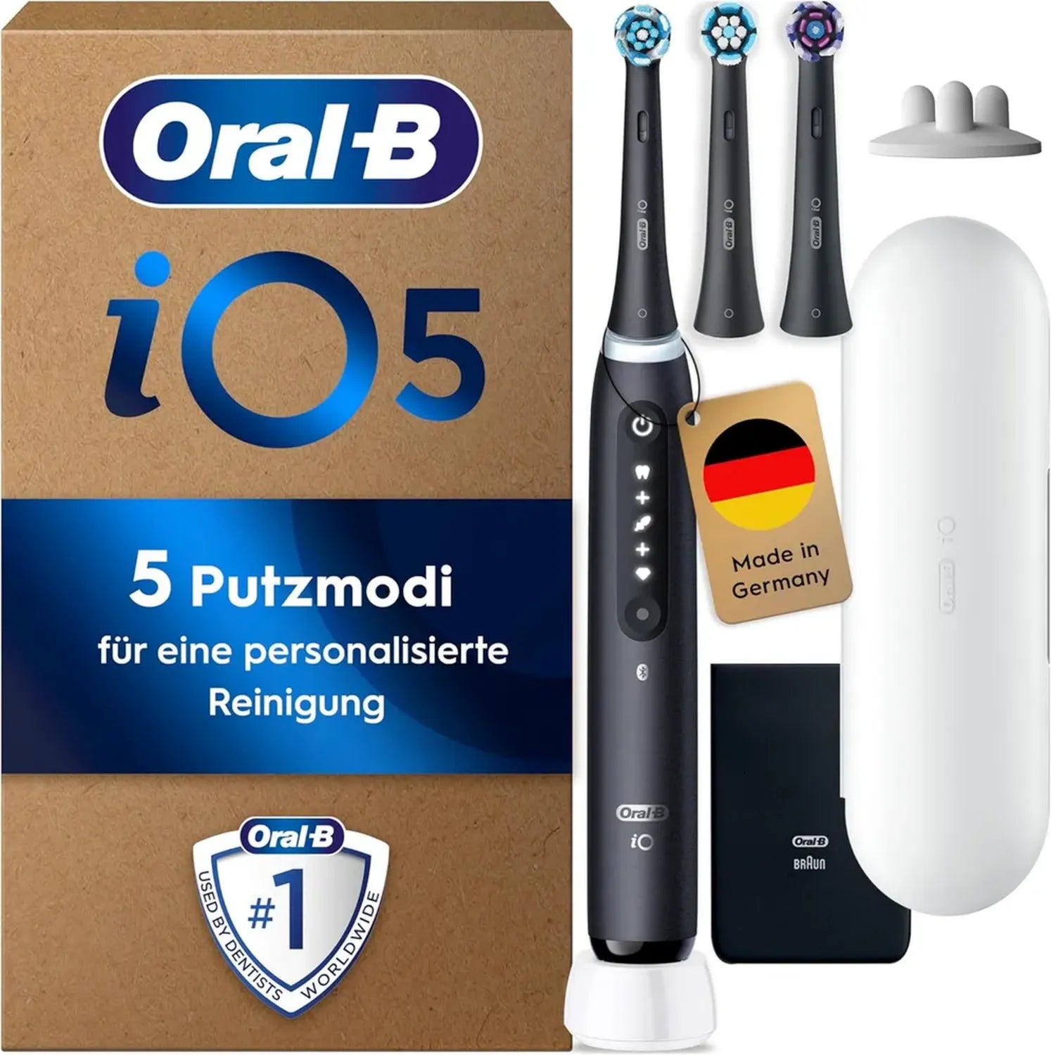 Oral-B iO Series 5 Elektrische Zahnbürste, 3 Aufsätze & Reiseetui, 5 Modi, Schwarz