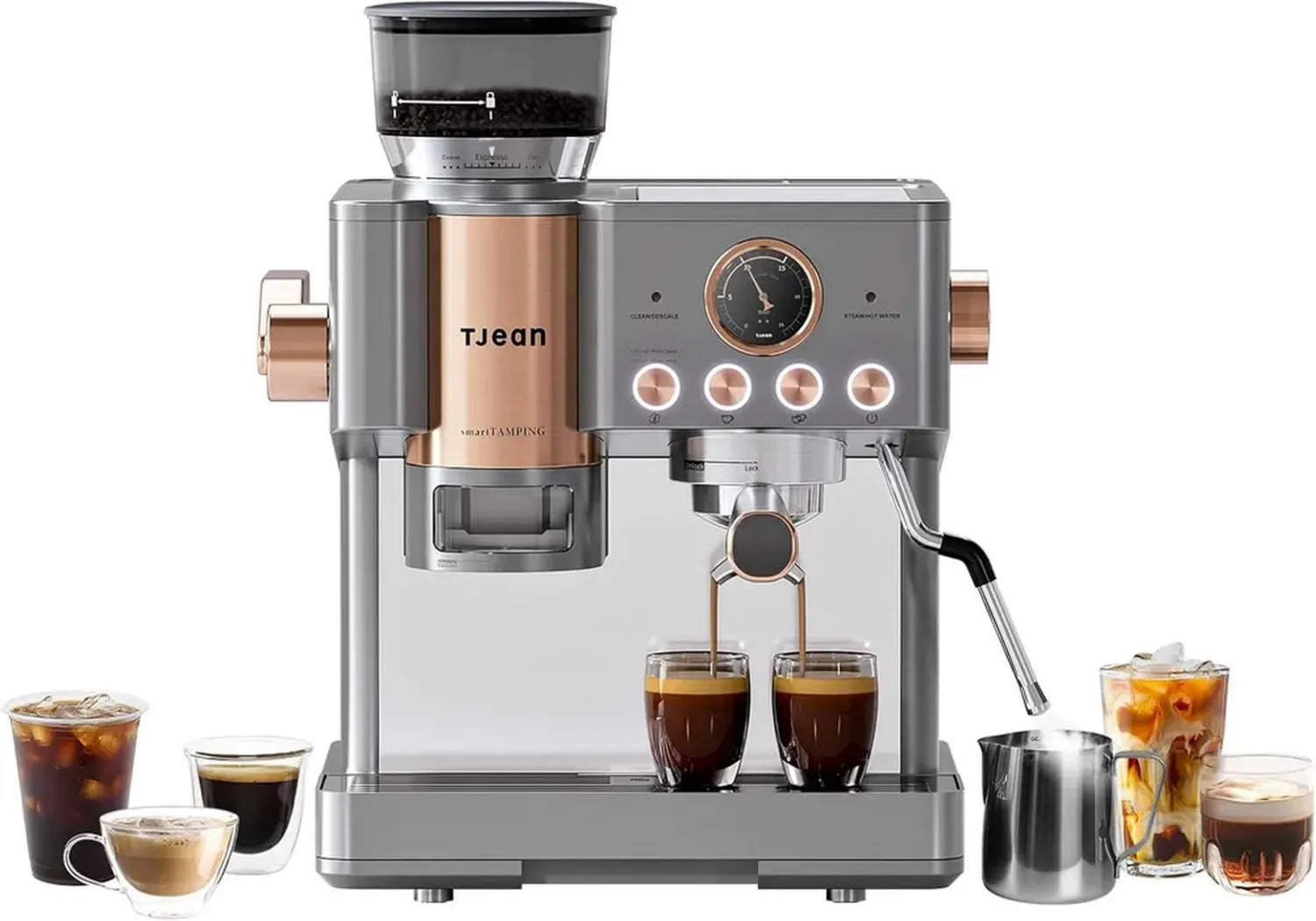 Tjean Barista Senso 3-in-1 Espressomaschine mit Doppelkessel, integriertem Mahlwerk und Milchaufschäumer, 20 Bar Druck, 2,8L Tank, Grau-Gold